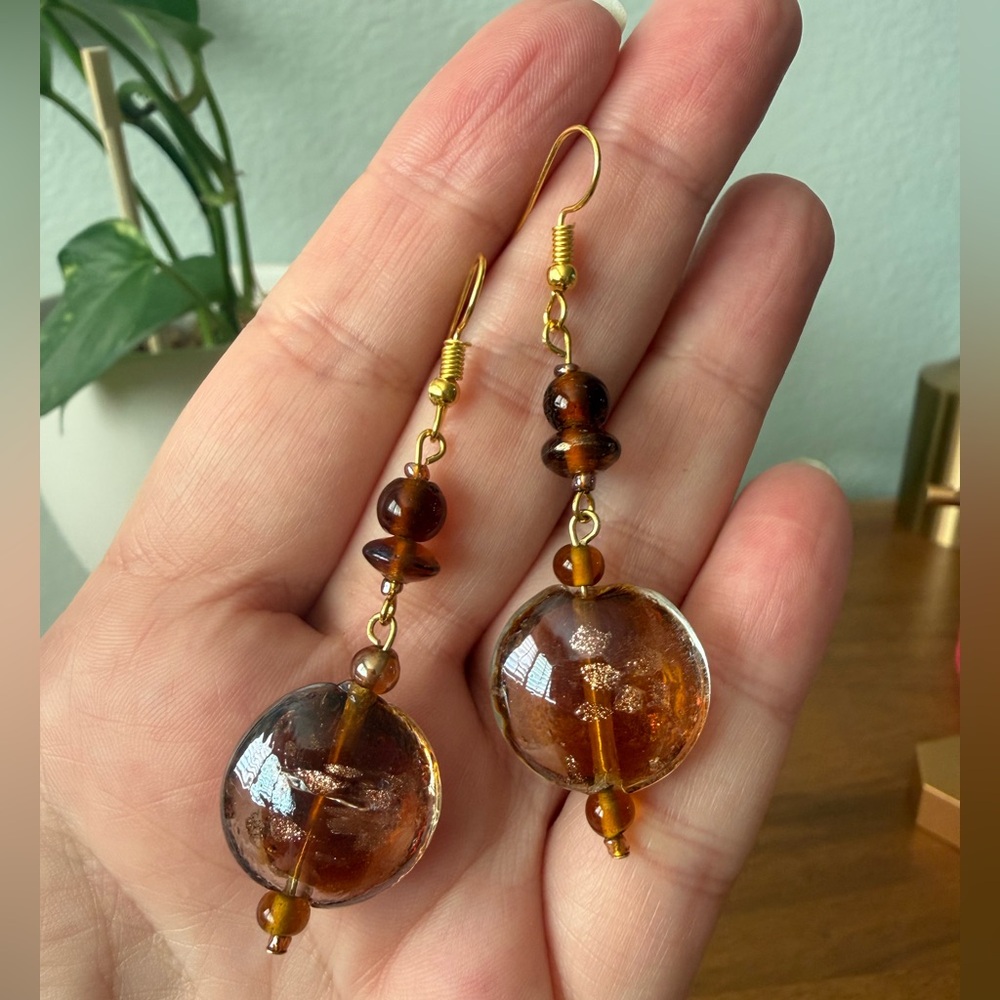 Vintage Murano Glass Gold Foil Root-beer Brown Amber Bead Dangle Drop Earrings